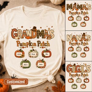 Personalized Grandma's Pumpkin Patch Fall Shirt, Faux Patchwork Fall Pattern TShirt, Fall Halloween Tee for Grandma, Mama Fall Shirt