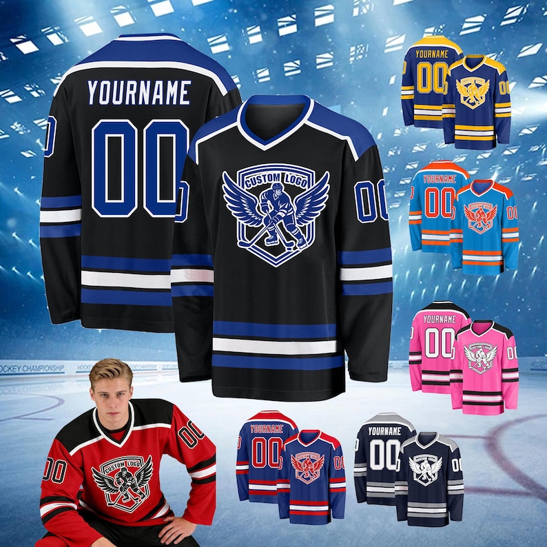 Camiseta de hockey personalizada, camiseta de hockey personalizada, cosida, impresa, con nombre, número y logotipo, camiseta deportiva de práctica de manga larga para hombres, mujeres y niños imagen 1