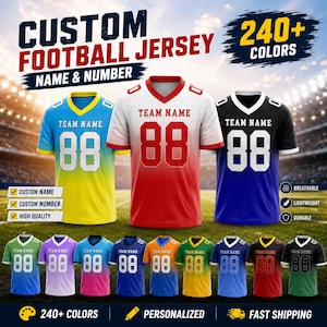 May include: Three football jerseys in blue-yellow, white-red, and black-blue gradients, each featuring the text TEAM NAME and the number 88. Below are nine additional jerseys in various solid and gradient colours, all displaying the number 88.