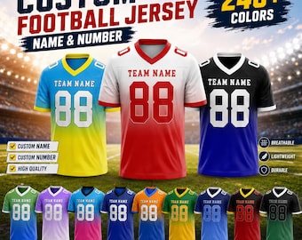 May include: Three football jerseys in blue-yellow, white-red, and black-blue gradients, each featuring the text TEAM NAME and the number 88. Below are nine additional jerseys in various solid and gradient colors, all displaying the number 88.