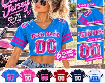 Custom Sparkly Crop Football Jersey, Personalized Glitter Cropped Jersey, Women Game Day Crop Top, Custom Name Number