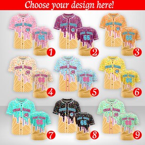 May include: A collection of baseball jerseys with a unique ice cream cone design. Each jersey features a waffle cone base, a melting ice cream drip, and sprinkles. The text "Choose your design here!" is at the top.