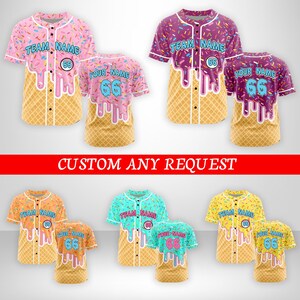May include: Baseball jerseys with a unique ice cream cone design. The jerseys feature a waffle cone base, dripping ice cream, and sprinkles. The text "TEAM NAME" and "YOUR NAME" are visible. The number "66" is also displayed.