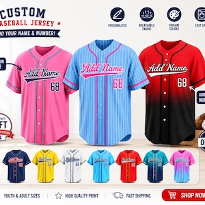 May include: Three custom baseball jerseys in pink, light blue pinstripe, and red-to-black gradient. Each features a button-down front, short sleeves, and the text Add Name with the number 68. A row of seven additional jerseys in various colors is shown below.