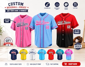 Custom Pinstripe Baseball Jersey with Name and Number, Personalized Stitched Team Uniform, Couple Birthday Gift for Men Women Kids Fans