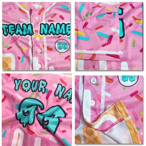 May include: Pink baseball jersey with a colorful sprinkle pattern and ice cream cone graphics. The jersey features the text "TEAM NAME" and "YOUR NA" in a turquoise font. The number "66" is on a patch.
