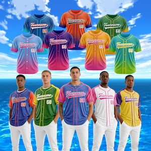 May include: Baseball jerseys in various colors, including blue, orange, green, and yellow, with the text "Teamname" and the number "68" on the front. The jerseys have a button-up design and are displayed on a blue and white background.