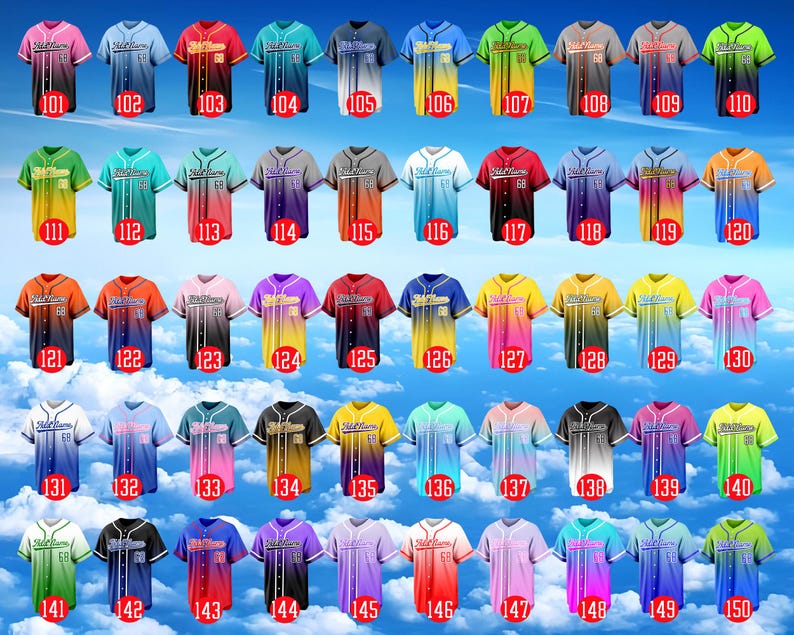 Puede incluir: Una colecci&oacute;n de cincuenta camisetas de b&eacute;isbol de manga corta con botones, dispuestas en una cuadr&iacute;cula. Cada camiseta presenta un degradado de color &uacute;nico, un cierre frontal de botones y una etiqueta roja circular numerada del 101 al 150.
