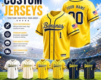 Custom Banana Baseball Jersey Personalized Name Number Logo Pinstripe Team Yellow Shirt for Men Women Kids Toddler, Gifts For Savannah Fan