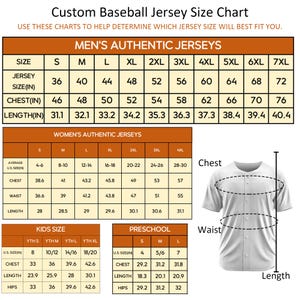 May include: A custom baseball jersey size chart with measurements in inches for men's, women's, kids, and preschool sizes. Includes chest, waist, and length measurements for various sizes, along with a diagram of a jersey.