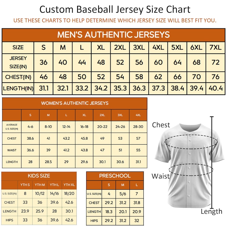 May include: A custom baseball jersey size chart with measurements in inches for men's, women's, kids, and preschool sizes. Includes chest, waist, and length measurements for various sizes, along with a diagram of a jersey.