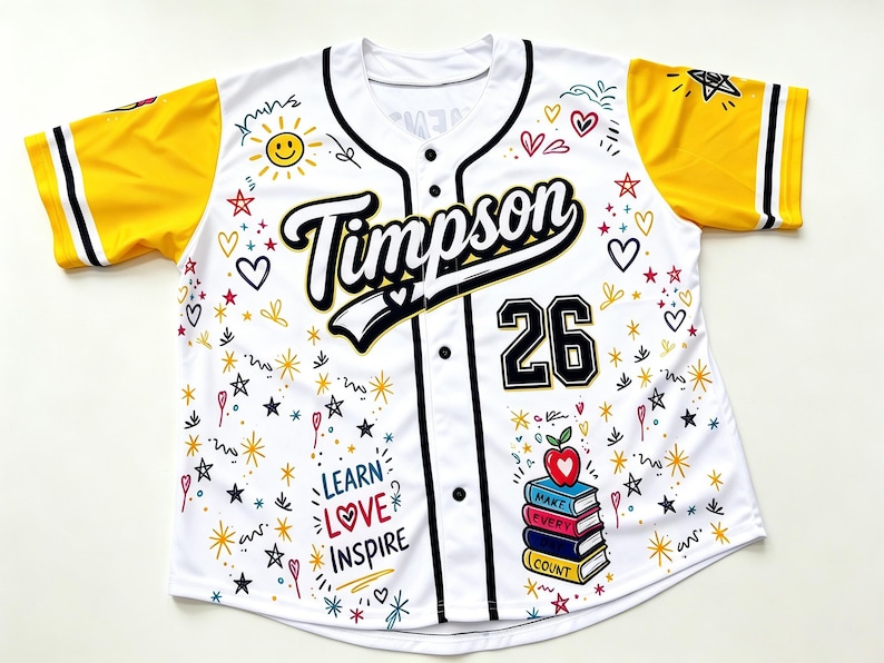Puede incluir: Una camiseta de b&eacute;isbol blanca con mangas amarillas y ribetes negros. El frente presenta el texto Timpson, el n&uacute;mero 26 y las palabras Learn Love Inspire. Los gr&aacute;ficos incluyen un sol, corazones, estrellas y una pila de libros con una manzana.