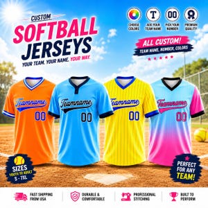 May include: Four custom softball jerseys in orange, light blue, yellow pinstripe, and pink-to-blue gradient. Each features a V-neck, short sleeves, the text Teamname, and the number 00. The graphic includes icons for color, name, and number selection.
