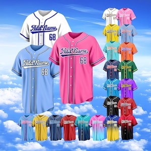 May include: A collection of short-sleeved baseball jerseys in various solid colors and gradients, each featuring a button-down front, the text Add Name in script, and the number 68 on the chest, displayed against a blue sky with white clouds.