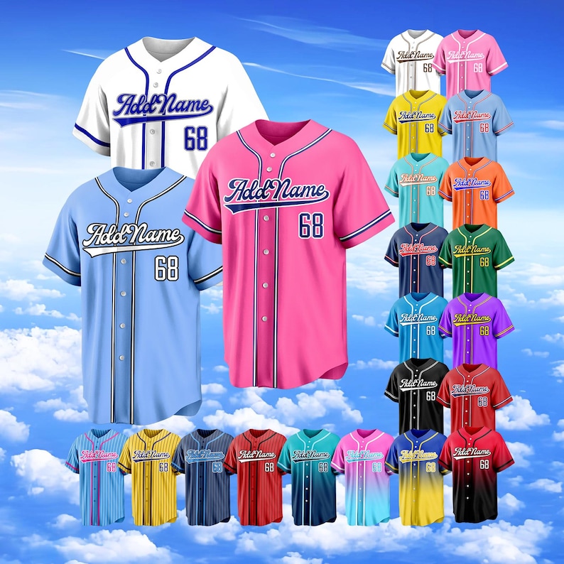Puede incluir: Una colecci&oacute;n de camisetas de b&eacute;isbol de manga corta en varios colores s&oacute;lidos y degradados, cada una con frente abotonado, el texto Add Name en cursiva y el n&uacute;mero 68 en el pecho, sobre un cielo azul con nubes blancas.