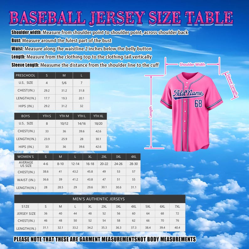 Puede incluir: Una tabla de tallas de camiseta de b&eacute;isbol rosa con una camiseta rosa abotonada con ribetes azules, el texto Add Name y el n&uacute;mero 68. La tabla incluye columnas para tallas de preescolar, ni&ntilde;os, mujeres y hombres con medidas en pulgadas.