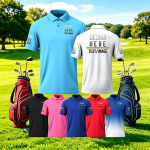 May include: A collection of short-sleeved polo shirts in light blue, white, black, pink, dark blue, red, and a blue-to-white gradient. The shirts feature a collar, button placket, and the text "DESIGN HERE TEXT/IMAGE" printed on the chest.
