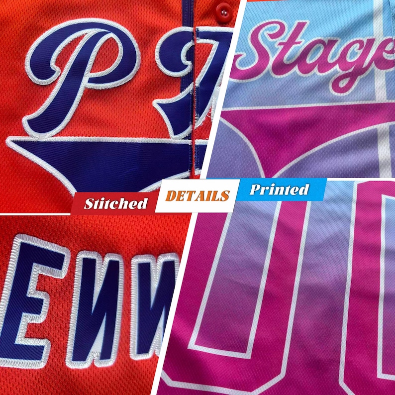 Puede incluir: Una comparaci&oacute;n de t&eacute;cnicas de personalizaci&oacute;n de camisetas con una tela de malla naranja con letras cosidas en azul oscuro y una tela de malla azul claro y rosa con texto y n&uacute;meros impresos. La imagen incluye las etiquetas Stitched y Printed.