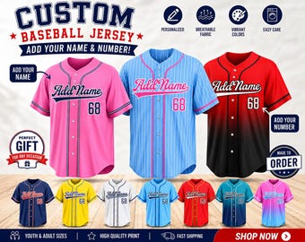 May include: A collection of custom baseball jerseys in various colors including pink, light blue, red-to-black gradient, yellow, white with stripes, and teal. Each jersey features a button-down front, short sleeves, and space for a name and number.