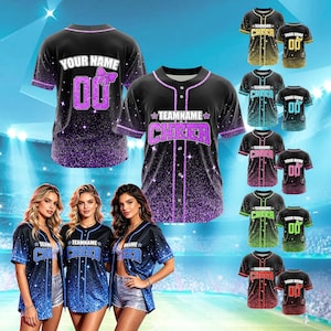 May include: Baseball jerseys with the word "CHEER" and "YOUR NAME" printed on them. The jerseys are black with glitter and ombre effects in various colors, including purple, blue, green, and red. The jerseys are displayed on models and mannequins.