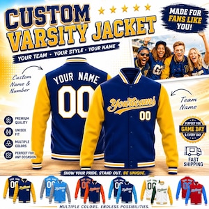 Peut inclure: Une veste universitaire bleue et jaune avec un dos personnalisable portant le texte YOUR NAME et le numéro 00. Le devant affiche le texte Yourteams et le numéro 00. La veste possède de longues manches jaunes et un corps bleu à boutons.