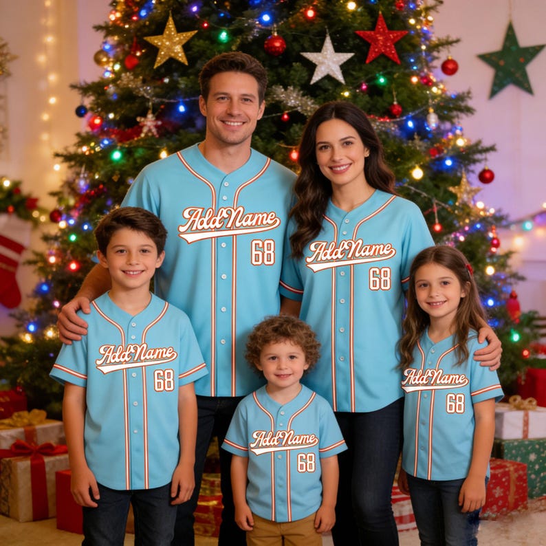 Puede incluir: Camisetas de b&eacute;isbol azul claro con ribetes blancos y naranjas, con el texto Add Name y el n&uacute;mero 68 en una fuente estilizada en la parte delantera. Las camisas tienen cierre frontal de botones y mangas cortas, usadas por una familia de cuatro.