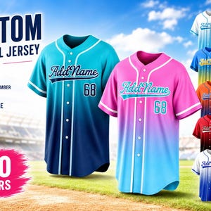 May include: Two custom baseball jerseys with button-front closures, featuring a gradient color design, the text Add Name, and the number 68. The image displays multiple color variations of the jersey, along with text indicating custom name and number options, multiple colors, and unisex sizes available.