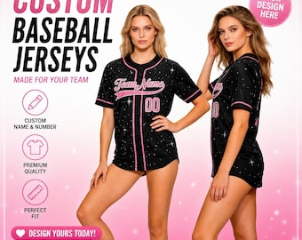 May include: Two women wearing black baseball jerseys with pink accents and the text "Team Name" and numbers. The jerseys are part of a promotional image for custom baseball jerseys. The image includes text that says "Custom Baseball Jerseys" and "Design Yours Today!"