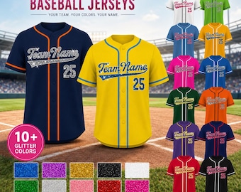 May include: Custom glitter baseball jerseys featuring the text Team Name and the number 25. The jerseys are available in various colors including navy blue, yellow, white, green, orange, pink, and black, with glitter accents for names and numbers.