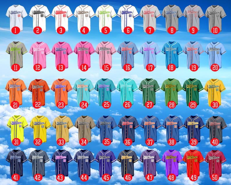 Puede incluir: Una colecci&oacute;n de cincuenta camisetas de b&eacute;isbol abotonadas mostradas en una cuadr&iacute;cula, cada una con el texto 'Add Name' y el n&uacute;mero '68' en el frente. Las camisetas se presentan en una gran variedad de colores s&oacute;lidos y combinaciones.