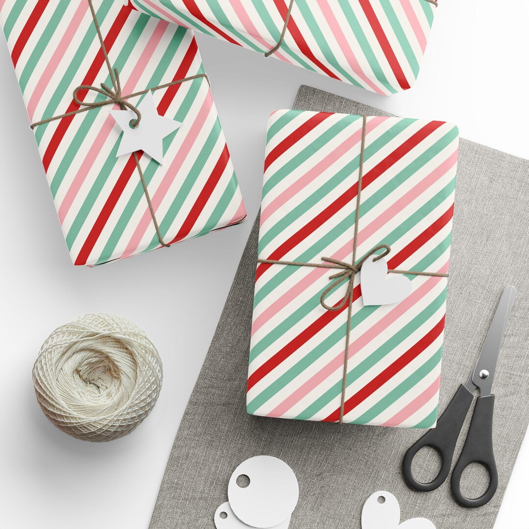 Christmas Candy Stripe Wrapping Paper Red Pink Green Wavy Lines