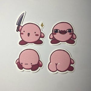 May include: Set of four pink cartoon character stickers. One sticker shows the character holding a knife, another has a surprised expression, a third has a frown, and the last shows the character's rear.