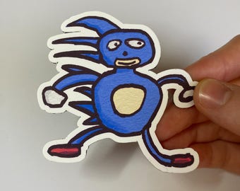 May include: A hand-drawn, blue cartoon character with a white outline. The character has a large head, spiky hair, and is running. The character's belly is beige, and it has red shoes. The image is on a white background.