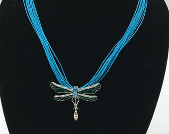 Jeweled Dragonfly Cloisonne Pendant Necklace Silver Tone Alligator Clasp