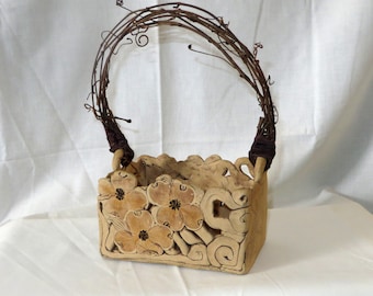 Dogwood Handmade Slab Ceramic Basket Twig Handle