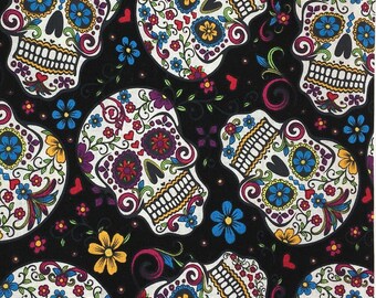 White Colorful Sugar Skulls Black Cotton Fabric Day of the Dead David Textiles
