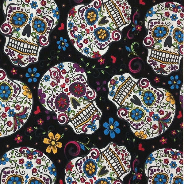 White Colorful Sugar Skulls Black Cotton Fabric Day of the Dead David Textiles