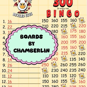 May include: A bingo game sheet with a light yellow grid background. The top left features a cartoon egg character with devil horns and a tail, labeled I'M JUST HERE FOR THE DEVILED EGGS. A central pink-bordered scalloped oval reads BOARDS BY CHAMBERLIN.