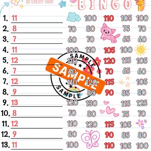 May include: A colorful "Scribbles Bingo" game sheet with numbers, doodles, and the word "Sample" stamped across the center. The sheet features rows of numbers and whimsical illustrations.