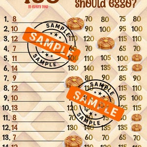 May include: A waffle-themed game board with the text "Should I stay or should eggo?" and "160 in every row." The board features waffle illustrations and number combinations. An orange "SAMPLE" stamp is across the board.