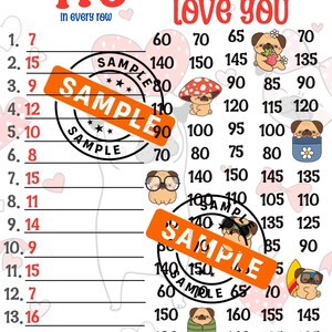 May include: A decorative sign with the text "I Puggin' Love You" in red and white. The sign features pug illustrations, numbers, and the word "Sample" stamped across the center. The sign is designed with a playful and loving theme.