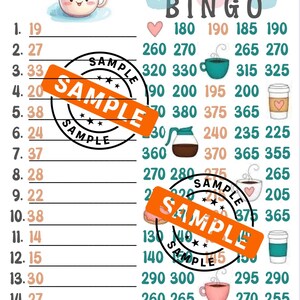 May include: A bingo card with a coffee theme, featuring illustrations of coffee cups, hearts, and donuts. The text "400 in every row BINGO" is displayed at the top. The card includes numbers and the words "Cute coffee".