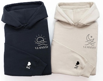 Personalized Couple Hoodie, Sun & Moon Embroidery, Custom Roman Numerals Sweatshirt, His and Hers Outfit, Wedding Gift, Anniversary Hoodie