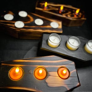 Coffin Candle Holder: Gothic Halloween Wooden Tealight Holder