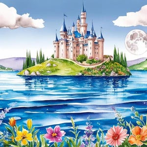 Moonlit Castle Daytime by the lake