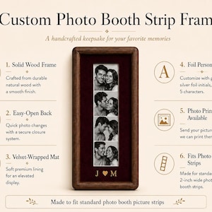 May include: A rectangular dark wood photo booth strip frame featuring a deep red velvet mat and a vertical display for a four-panel photo strip. The frame includes gold foil initials J and M at the bottom and fits standard 2-inch wide photo strips.