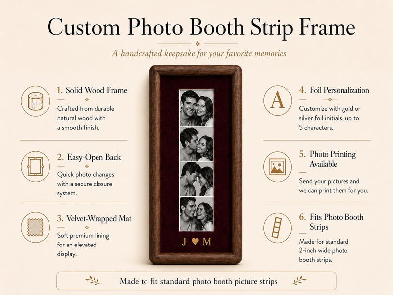 May include: A rectangular dark wood photo booth strip frame featuring a deep red velvet mat and a vertical display for a four-panel photo strip. The frame includes gold foil initials J and M at the bottom and fits standard 2-inch wide photo strips.