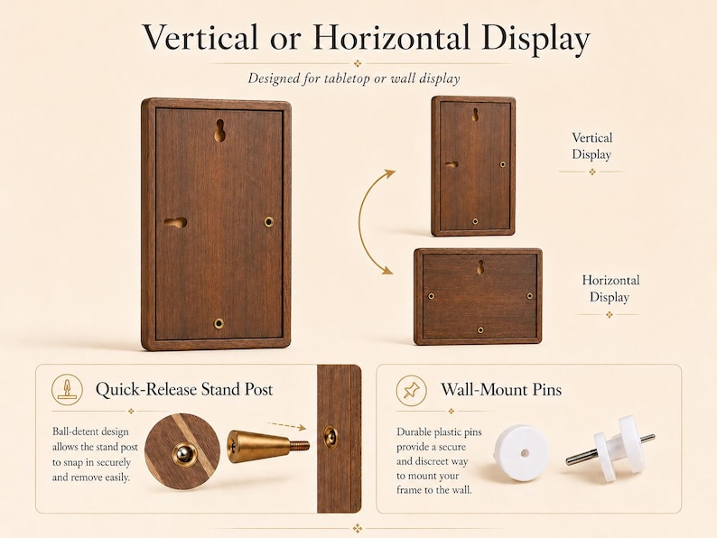 May include: A rectangular dark wood frame featuring keyhole slots for vertical or horizontal wall mounting. Includes a detachable gold-toned metal stand post with a ball-detent mechanism and white plastic wall-mount pins for secure installation.