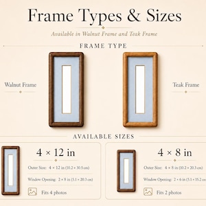 May include: A product information chart titled Frame Types & Sizes displaying a dark walnut frame and a lighter teak frame. The chart lists available sizes as 4 x 12 inches and 4 x 8 inches, including outer dimensions and window opening measurements.