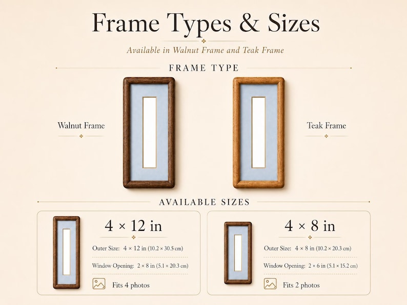 May include: A product information chart titled Frame Types & Sizes displaying a dark walnut frame and a lighter teak frame. The chart lists available sizes as 4 x 12 inches and 4 x 8 inches, including outer dimensions and window opening measurements.